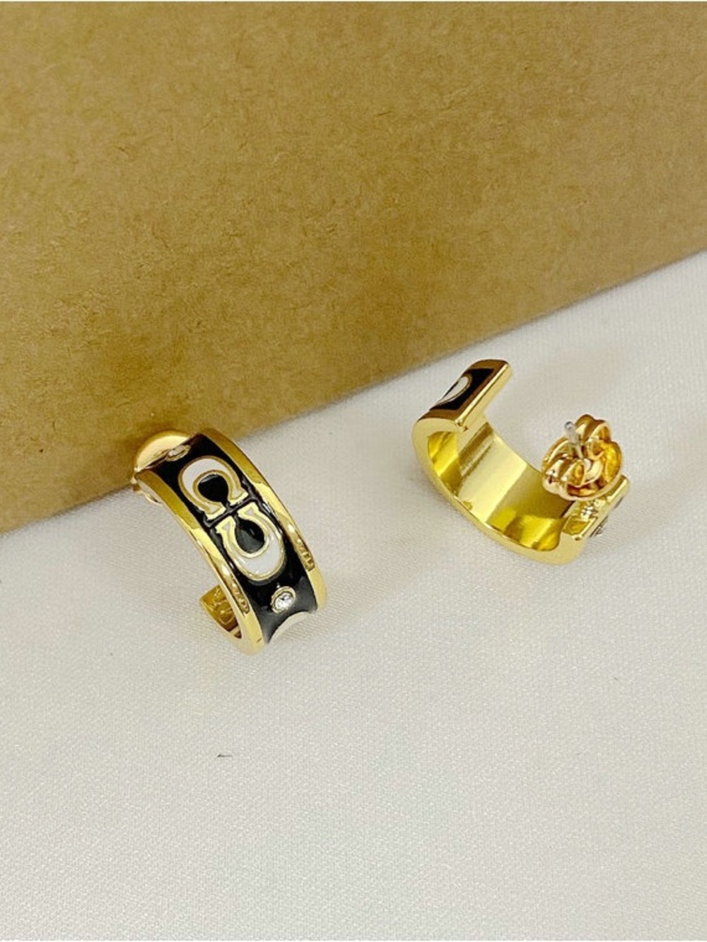 Coach Gold Hoop Earrings with Black Enamel Signature Accents